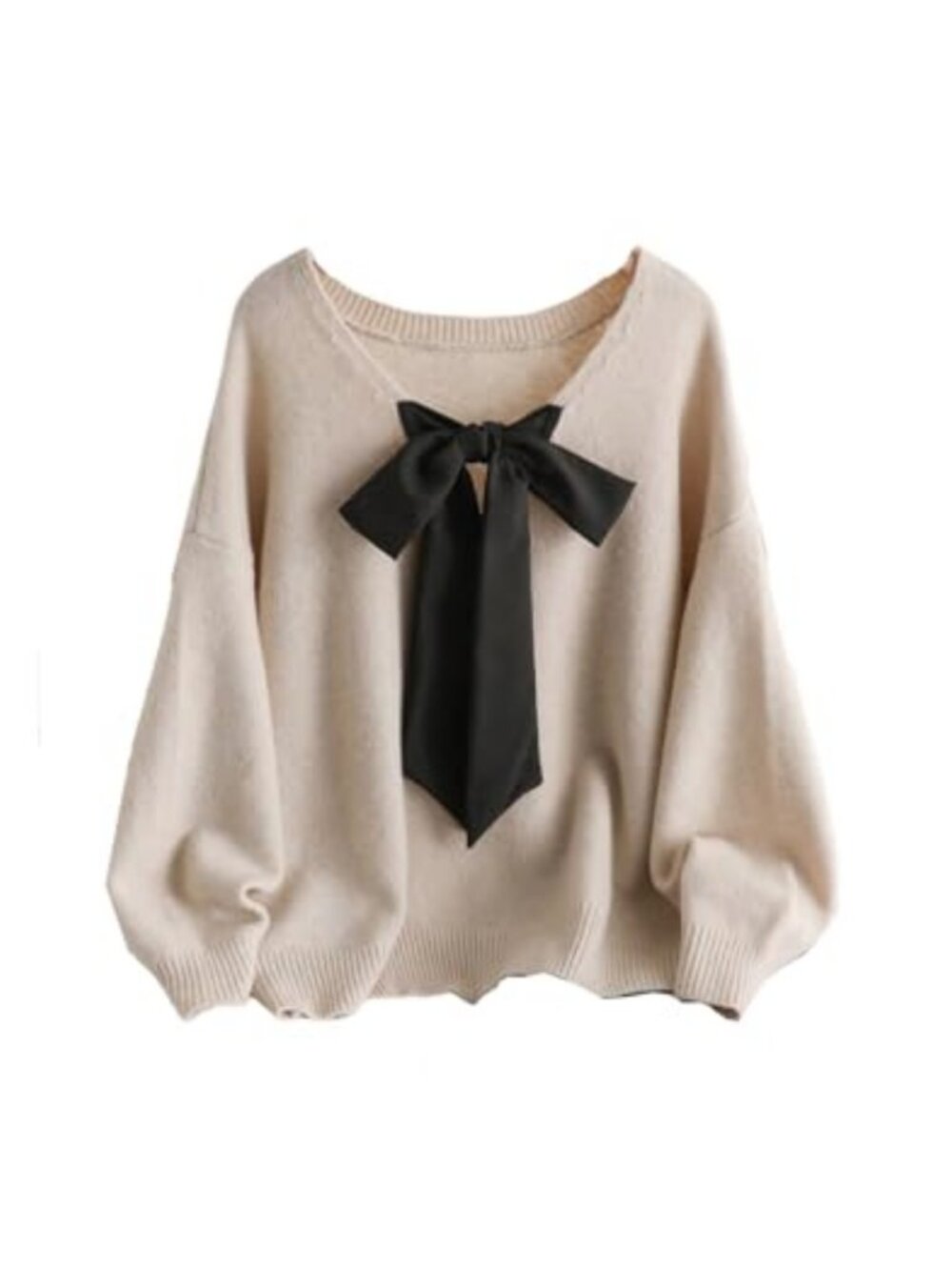 Plus Size Bowknot V Neck Loose Fit Knit Pullover Sweater